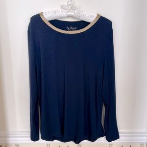 Chico’s Long Sleeve Top Navy Blue Gold Trim Scoop Round Neck 2P Soft Stretch LP